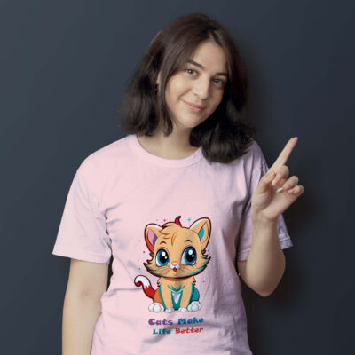 Cat Printed T-shirt (Light Baby Pink)