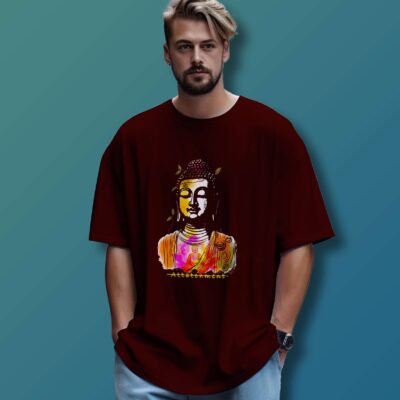Gautama Buddha Printed Oversized T-Shirt (Maroon)