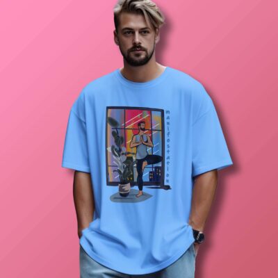 Yoga Printed Oversized T-Shirt (Baby Blue)
