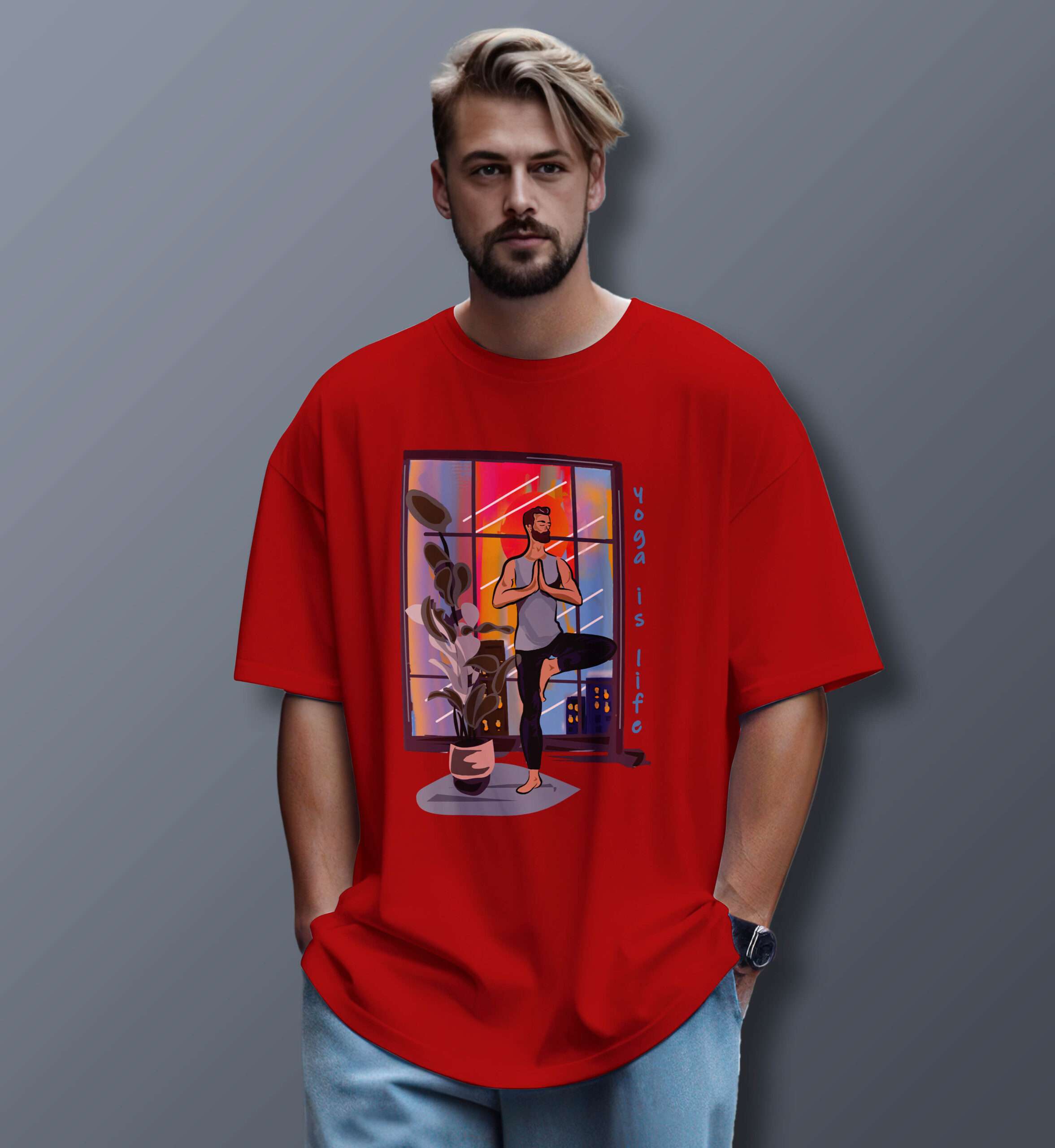 Yoga Printed Oversized T-Shirt (Red)