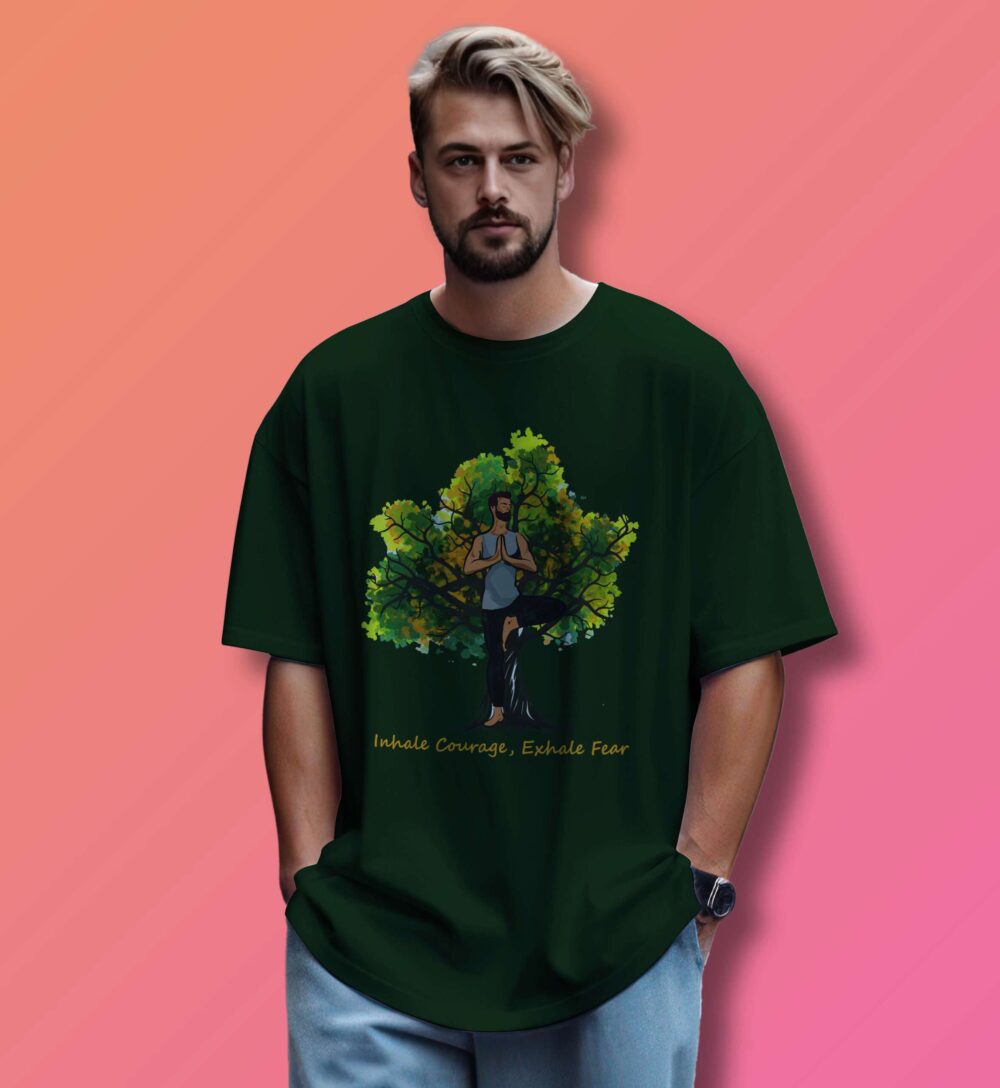Tree Yoga Printed Oversized T-Shirt (Bottle Green)