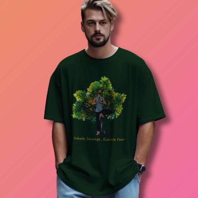 Tree Yoga Printed Oversized T-Shirt (Bottle Green)