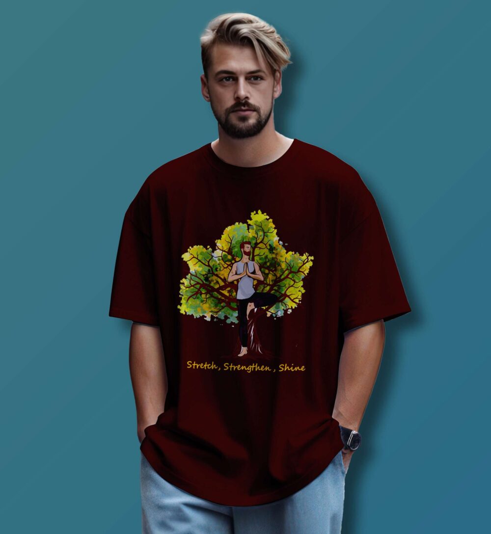Tree Yoga Printed Oversized T-Shirt (Maroon)