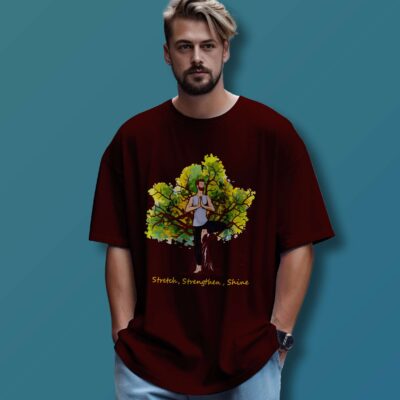 Tree Yoga Printed Oversized T-Shirt (Maroon)
