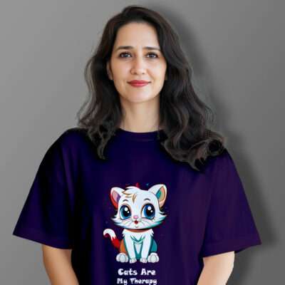 Cat Printed Oversized T-Shirt (Purple)