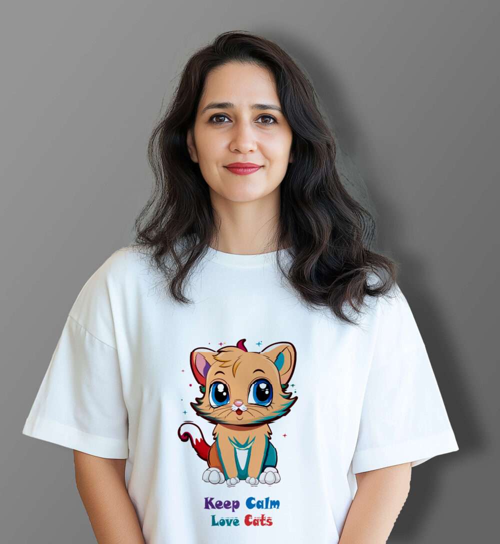 Cat Printed Oversized T-Shirt (White)