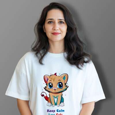 Cat Printed Oversized T-Shirt (White)