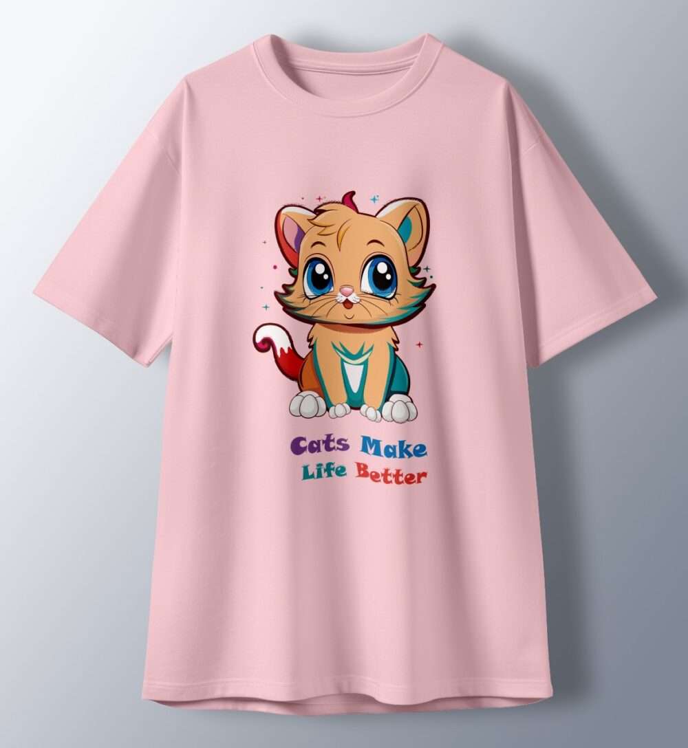 Cat Printed T-Shirt (Light Baby Pink) - Image 2