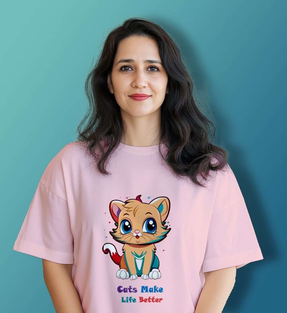 Cat Printed T-Shirt (Light Baby Pink)