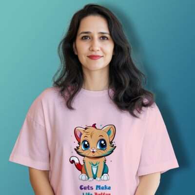 Cat Printed T-Shirt (Light Baby Pink)